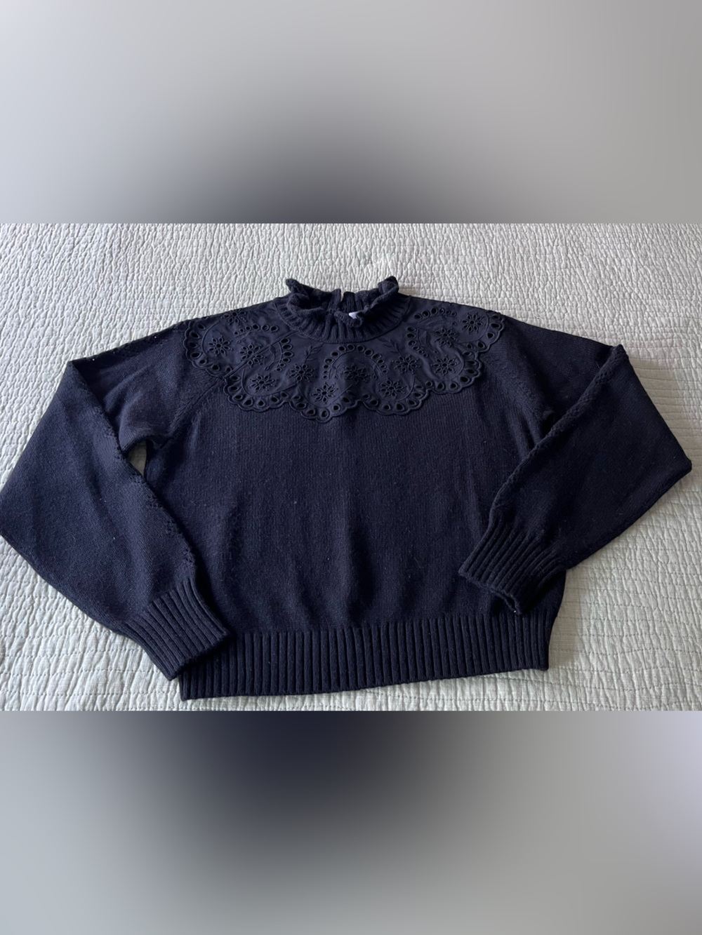 & Other Stories Black Knit Sweater with Scallop Eyelet Yoke
